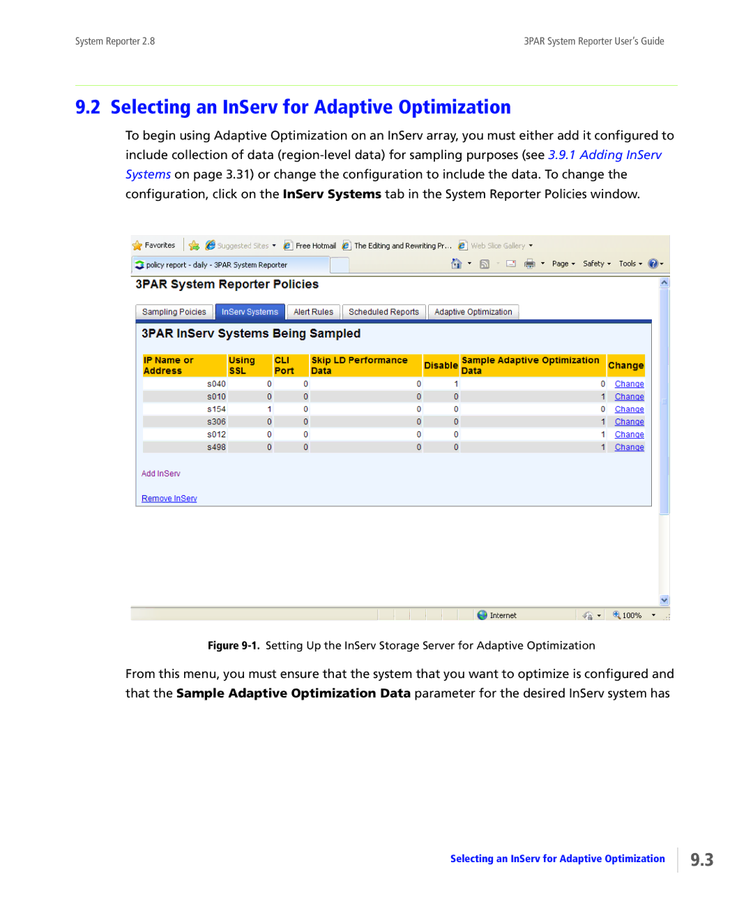 HP System Reporter Media Kit, System Reporter E-Media Kit manual Selecting an InServ for Adaptive Optimization 