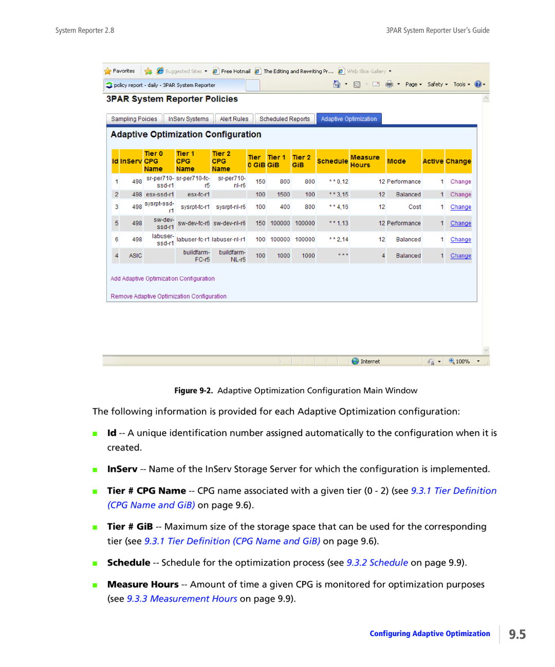 HP System Reporter Media Kit, System Reporter E-Media Kit manual Adaptive Optimization Configuration Main Window 