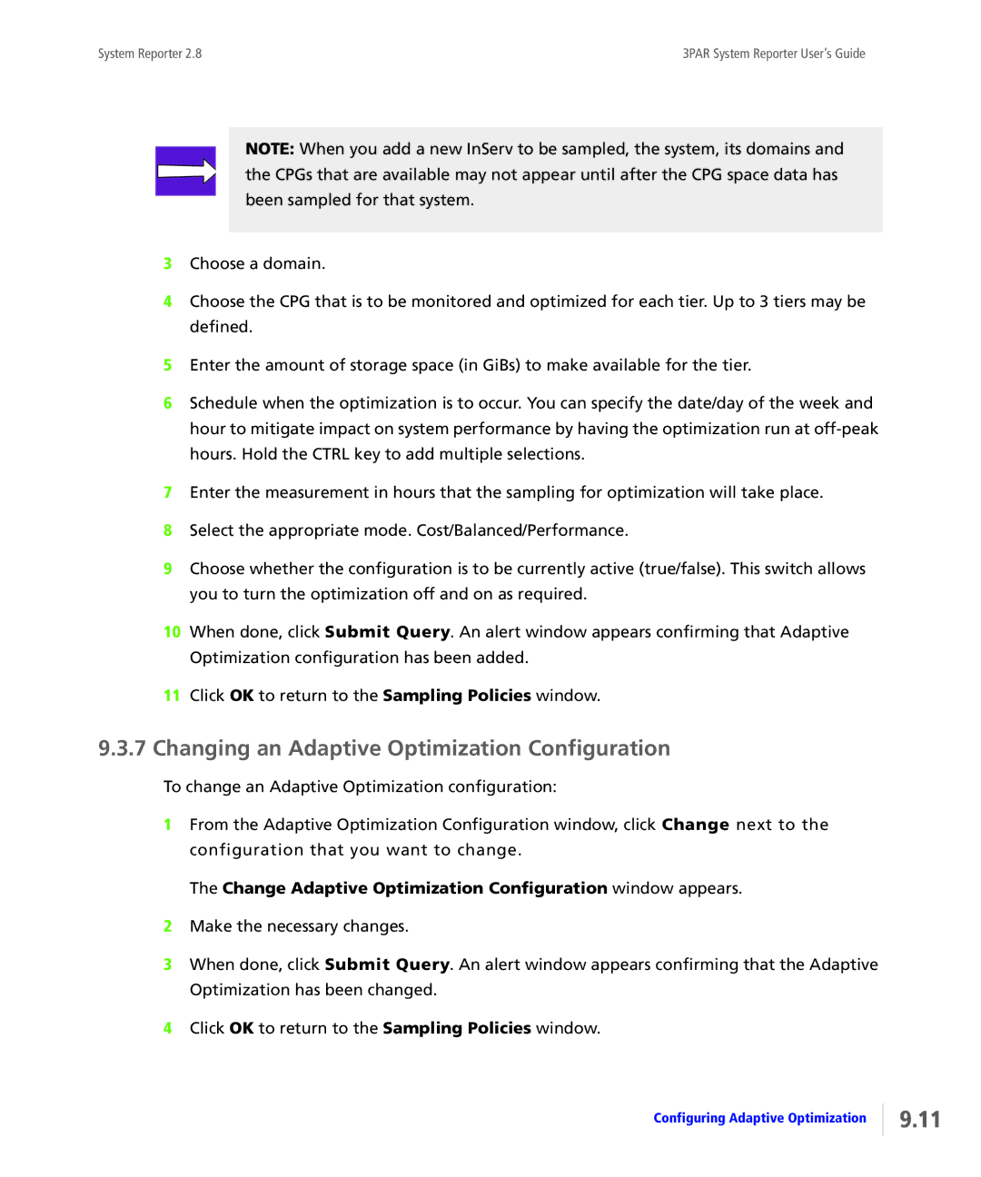 HP System Reporter Media Kit, System Reporter E-Media Kit manual Changing an Adaptive Optimization Configuration 