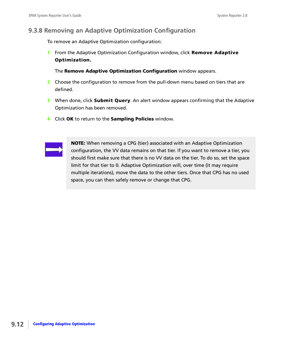 HP System Reporter E-Media Kit, System Reporter Media Kit manual Removing an Adaptive Optimization Configuration 