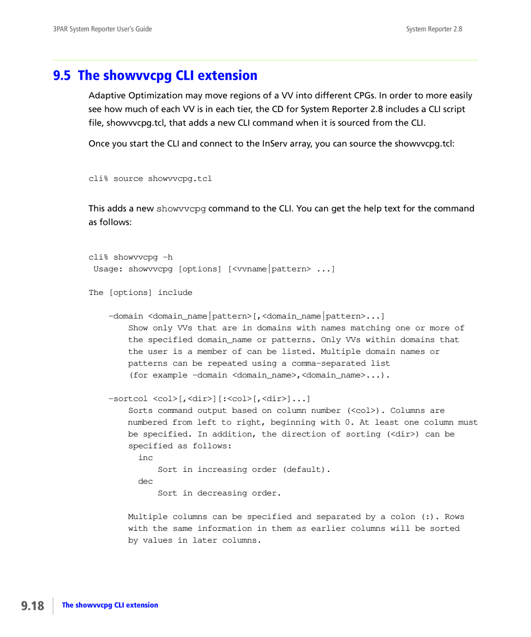 HP System Reporter E-Media Kit, System Reporter Media Kit manual Showvvcpg CLI extension, Cli% source showvvcpg.tcl 