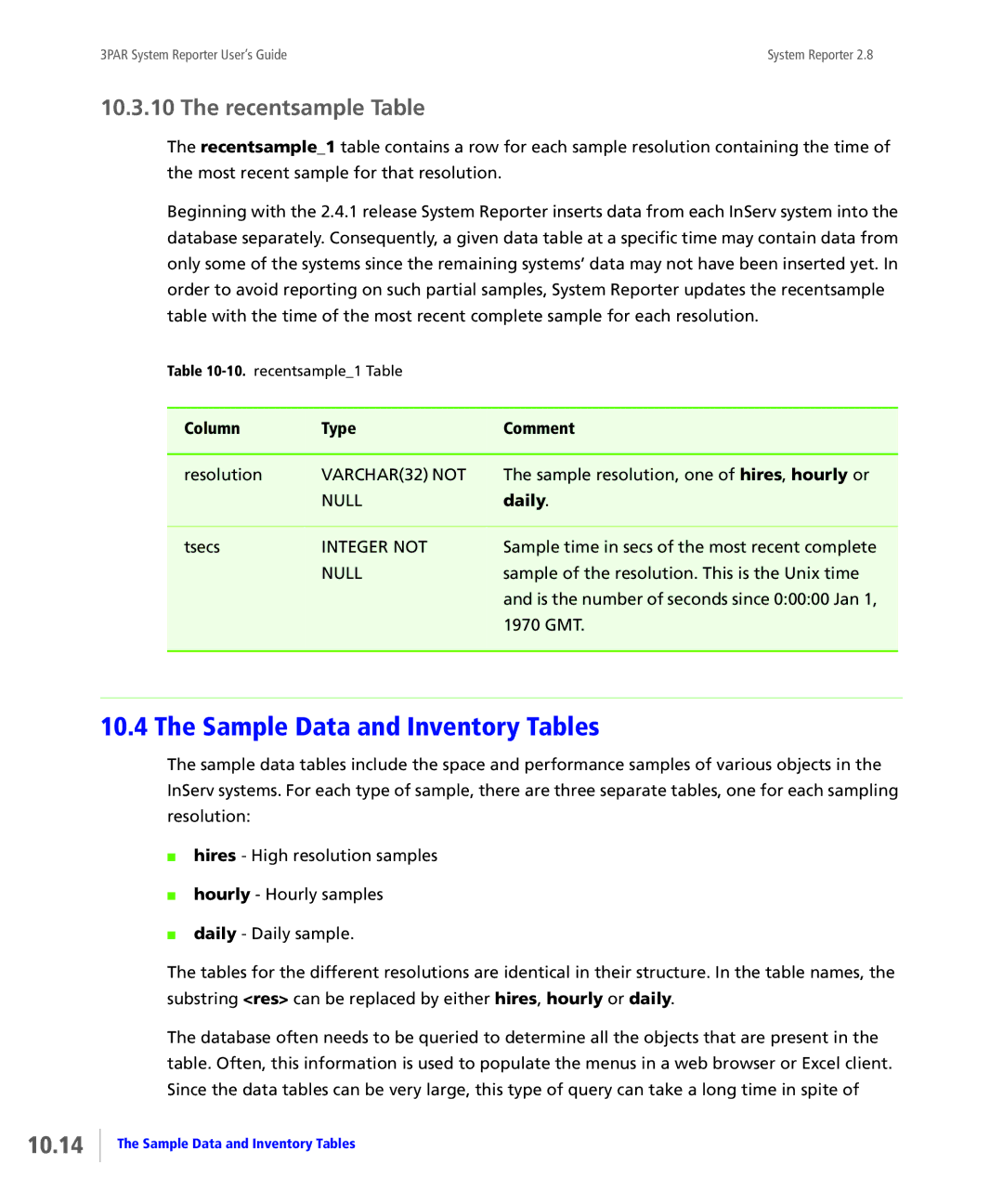 HP System Reporter E-Media Kit, System Reporter Media Kit manual Sample Data and Inventory Tables, 10.14, Recentsample Table 