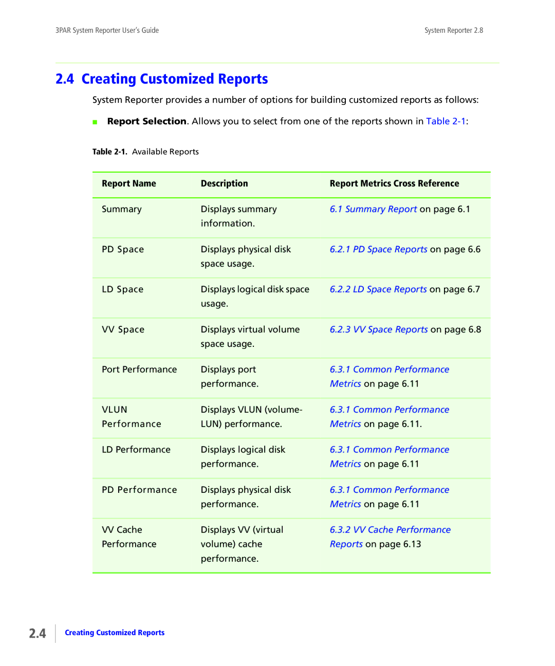 HP System Reporter E-Media Kit manual Creating Customized Reports, Report Name Description Report Metrics Cross Reference 