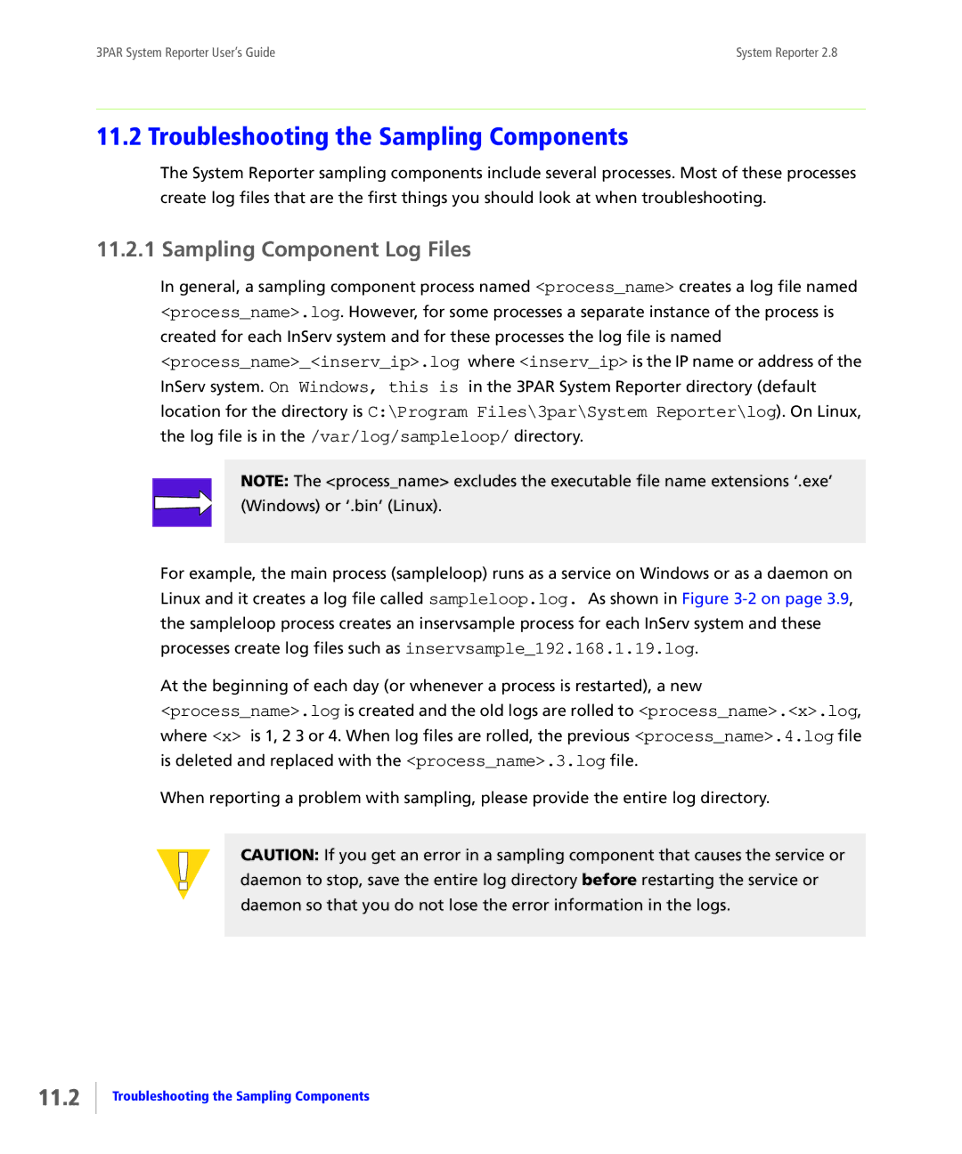 HP System Reporter E-Media Kit manual Troubleshooting the Sampling Components, 11.2, Sampling Component Log Files 