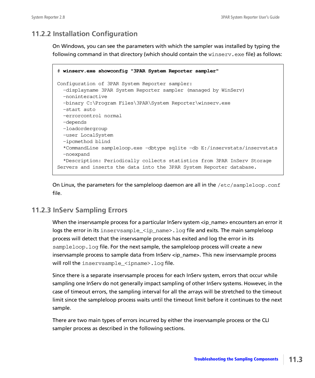 HP System Reporter Media Kit, System Reporter E-Media Kit manual 11.3, Installation Configuration, InServ Sampling Errors 