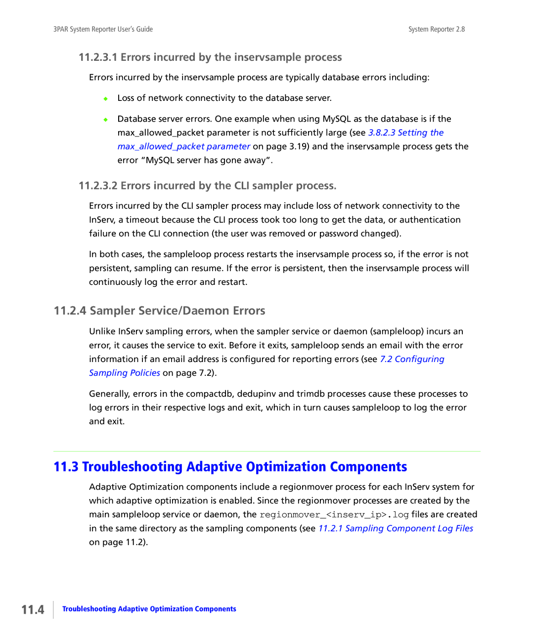 HP System Reporter E-Media Kit manual Troubleshooting Adaptive Optimization Components, 11.4, Sampler Service/Daemon Errors 