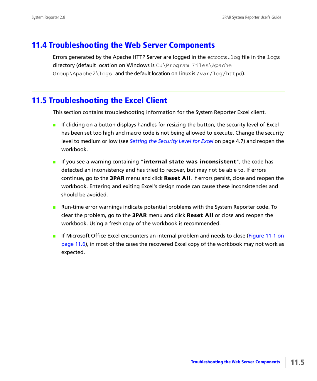 HP System Reporter Media Kit manual Troubleshooting the Web Server Components, Troubleshooting the Excel Client, 11.5 