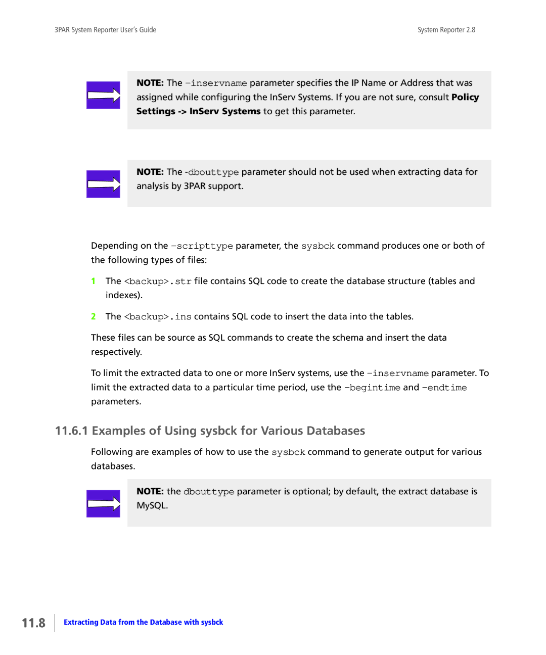 HP System Reporter E-Media Kit, System Reporter Media Kit manual 11.8, Examples of Using sysbck for Various Databases 