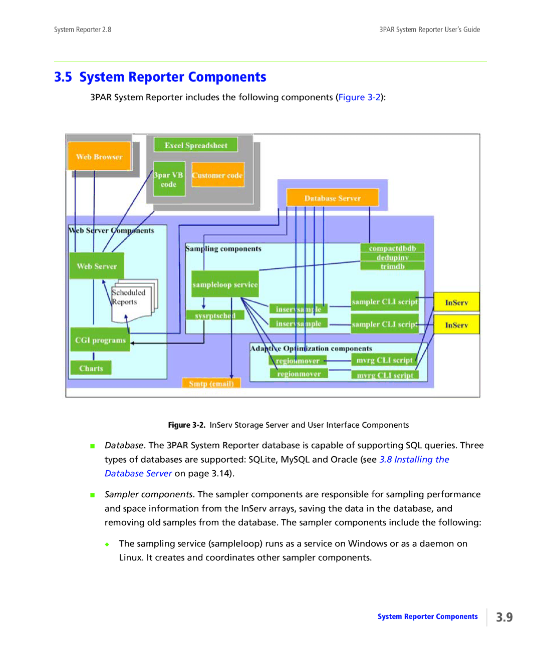 HP System Reporter Media Kit manual System Reporter Components, InServ Storage Server and User Interface Components 