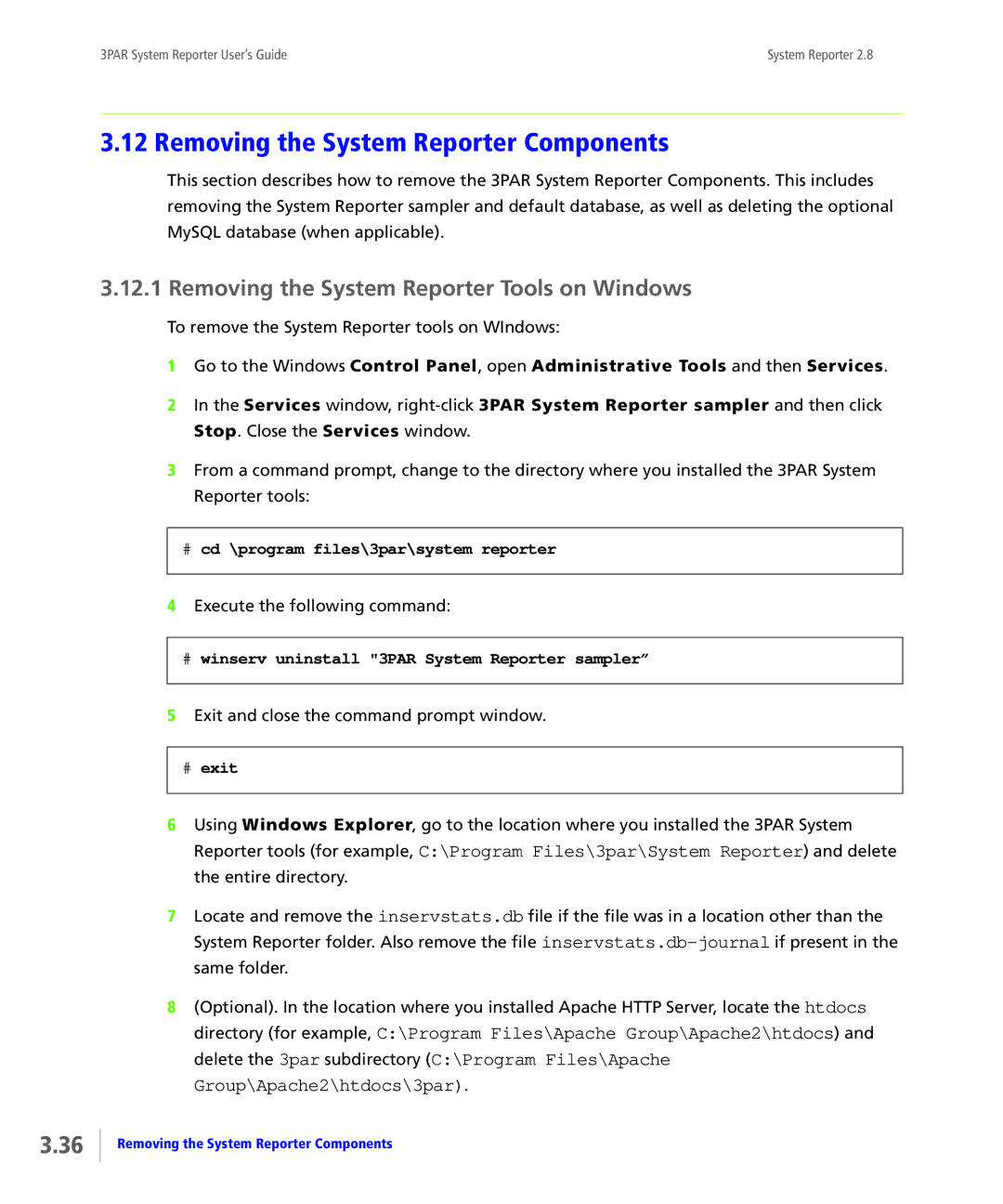 HP System Reporter E-Media Kit Removing the System Reporter Components, Removing the System Reporter Tools on Windows 