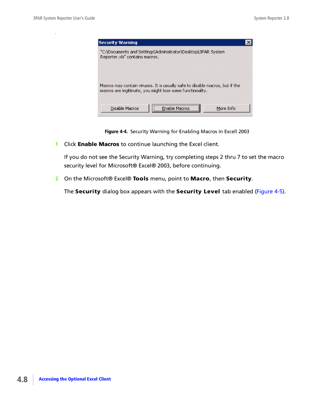 HP System Reporter E-Media Kit, System Reporter Media Kit manual Security Warning for Enabling Macros in Excell 