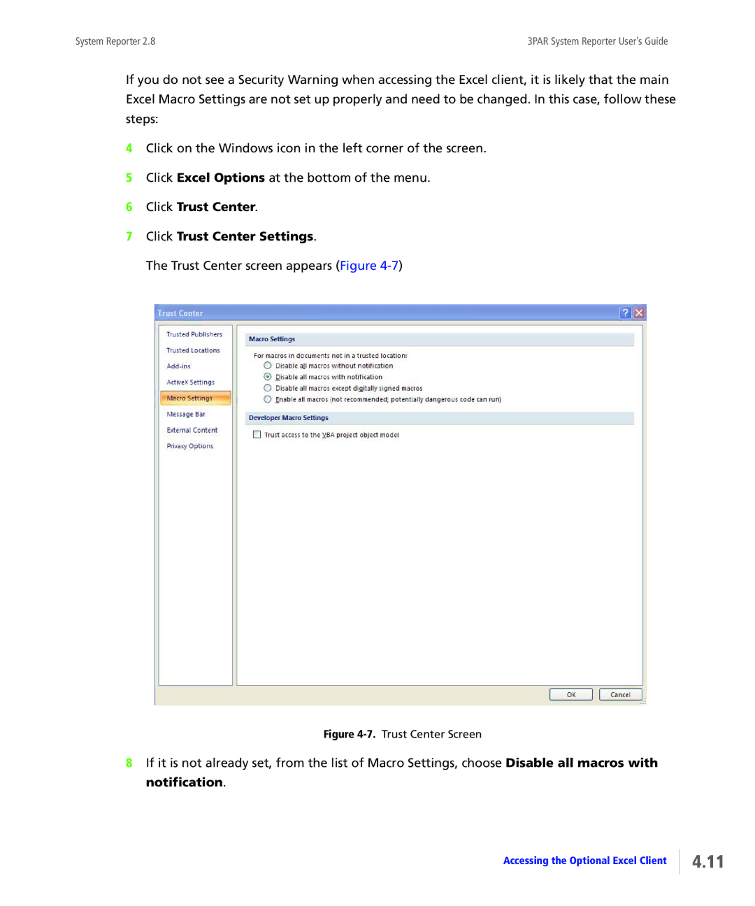 HP System Reporter Media Kit manual Click Trust Center Click Trust Center Settings, Trust Center Screen 