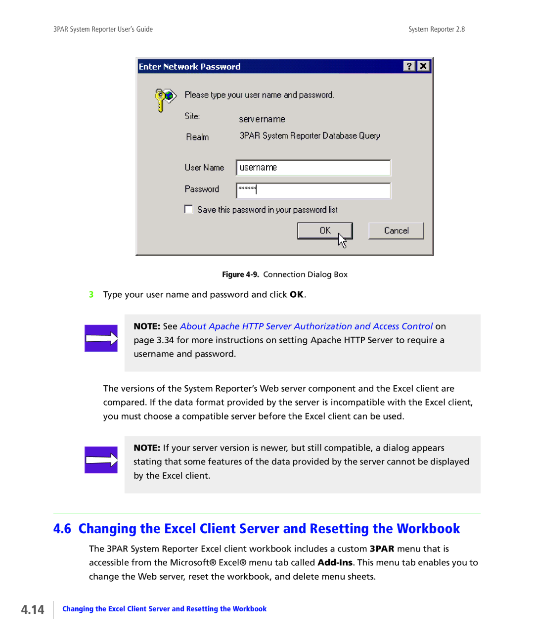 HP System Reporter E-Media Kit manual Changing the Excel Client Server and Resetting the Workbook, Connection Dialog Box 