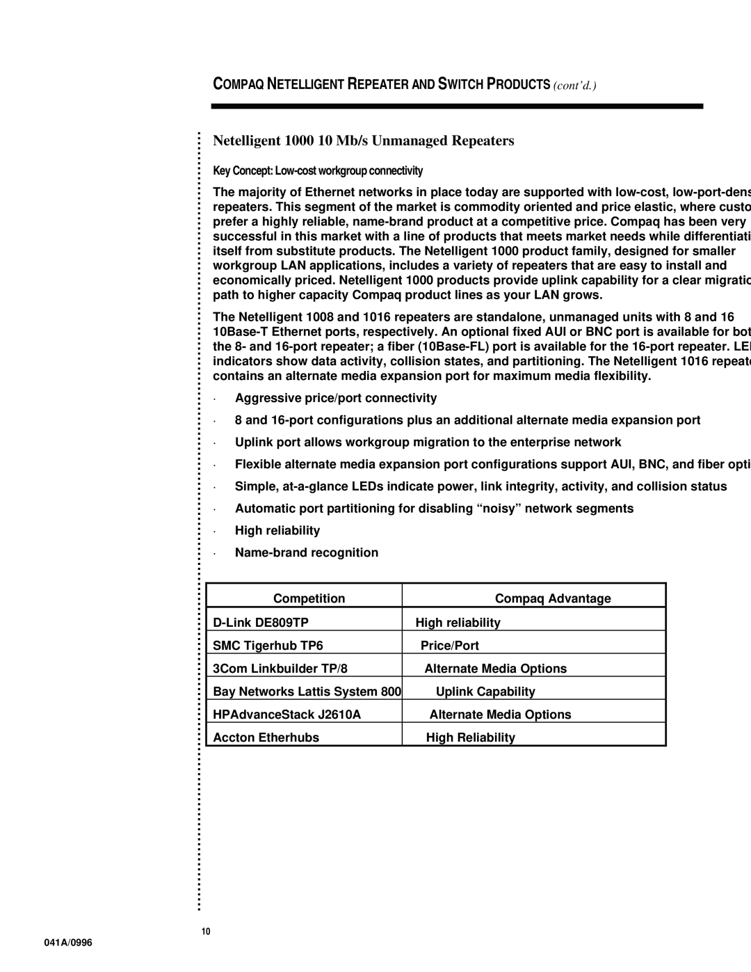 HP t 5114 Ethernet manual Netelligent 1000 10 Mb/s Unmanaged Repeaters, Key Concept Low-cost workgroup connectivity 