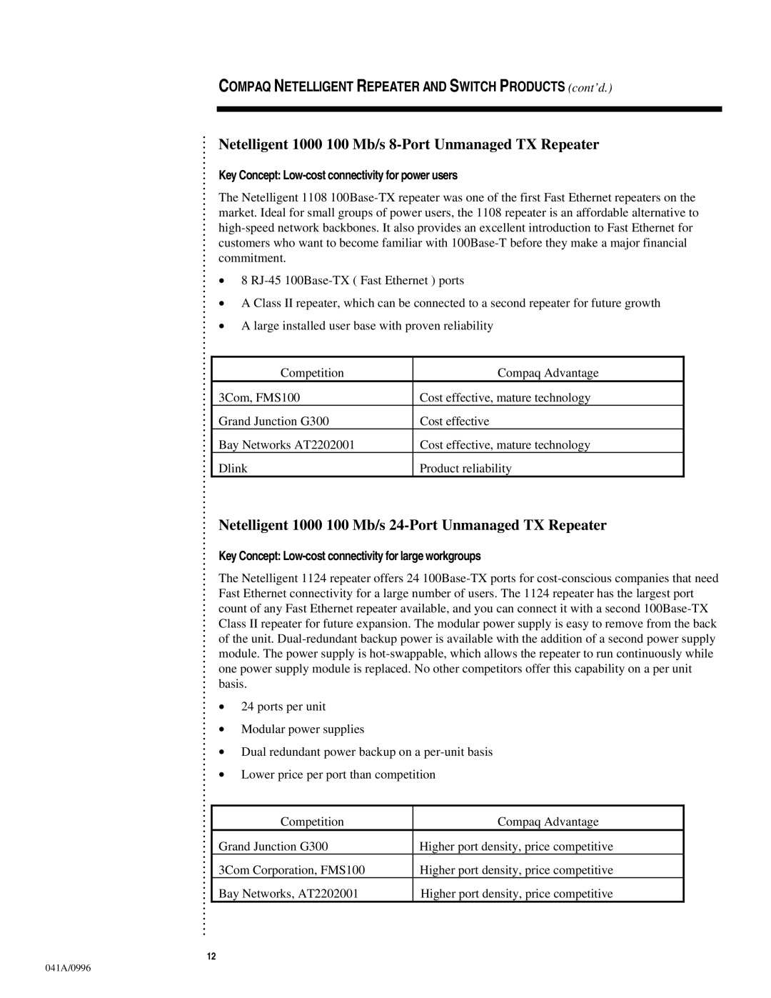 HP t 5226 24-Port Ethernet, t 5708FX 8-Port Fast Eth manual Netelligent 1000 100 Mb/s 8-Port Unmanaged TX Repeater 