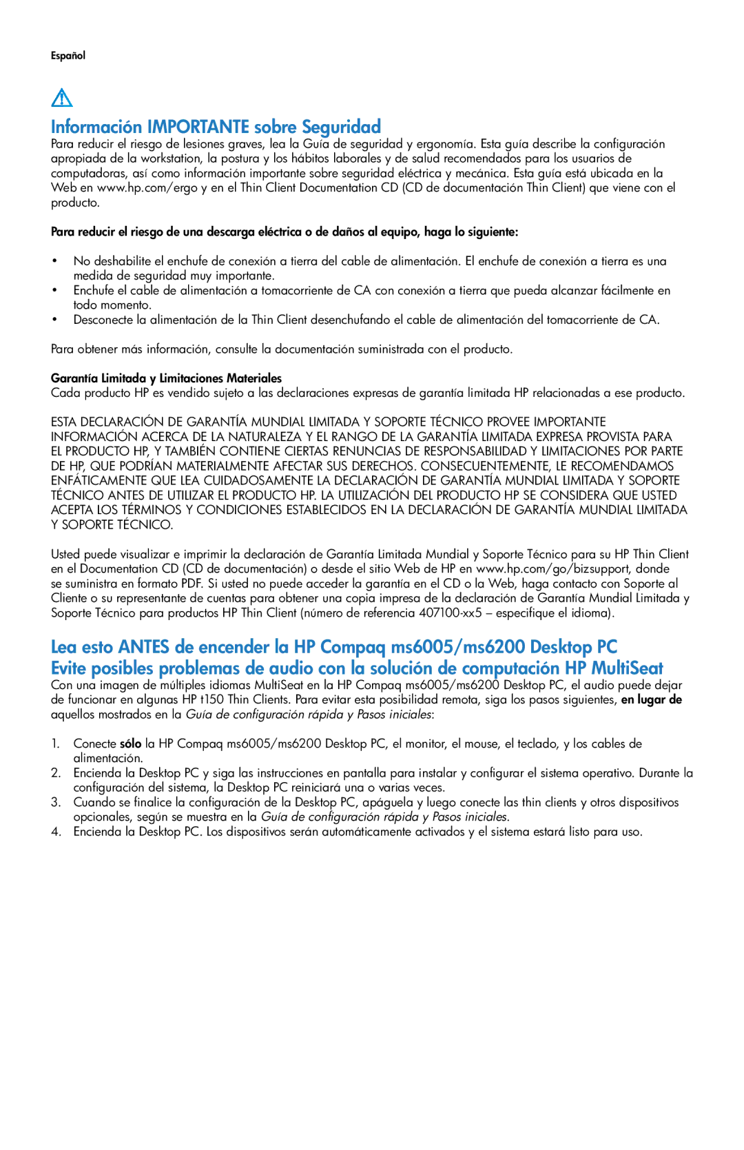 HP t100 manual Información Importante sobre Seguridad 