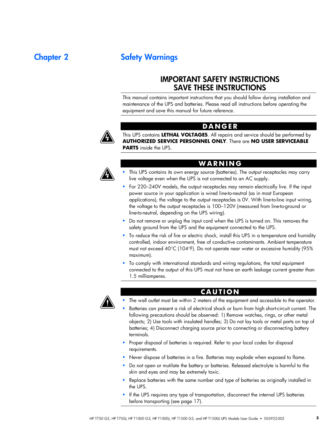 HP T750 G2, T1000 G3, T1000J, T1500 G3, T750J, T1500J manual Safety Warnings, Important Safety Instructions 