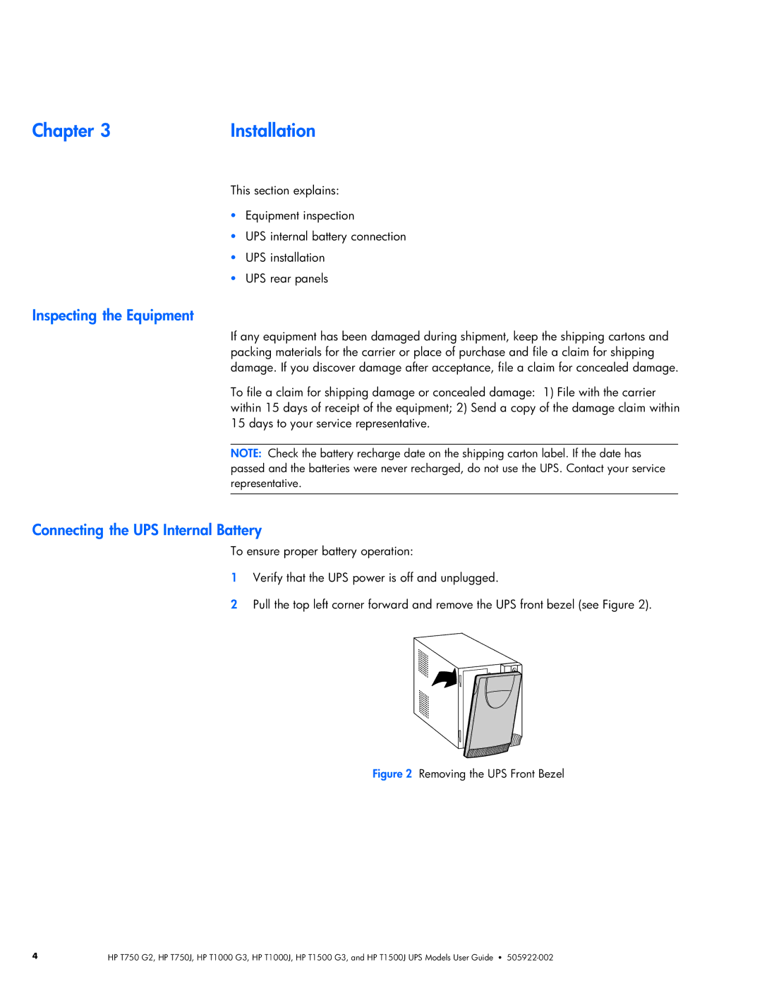 HP T1500J, T1000 G3, T1000J, T1500 G3, T750J, T750 G2 manual 3Installation, Equipment, UPS Internal Battery 