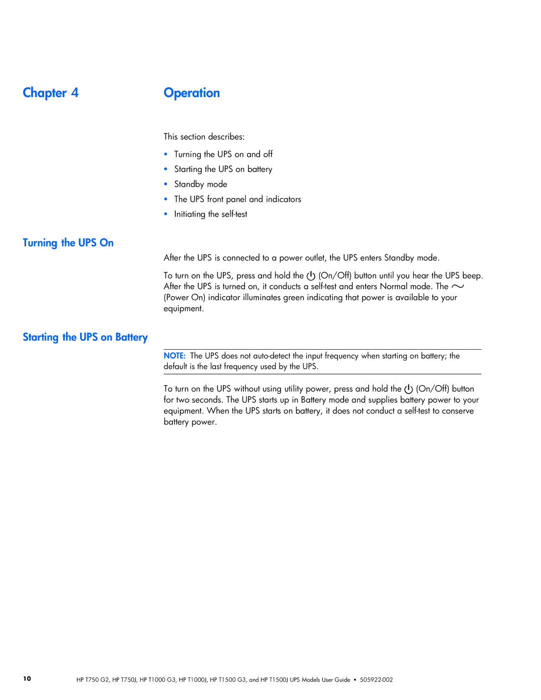 HP T1500J, T1000 G3, T1000J, T1500 G3, T750J, T750 G2 manual 4Operation, UPS On, UPS on Battery 