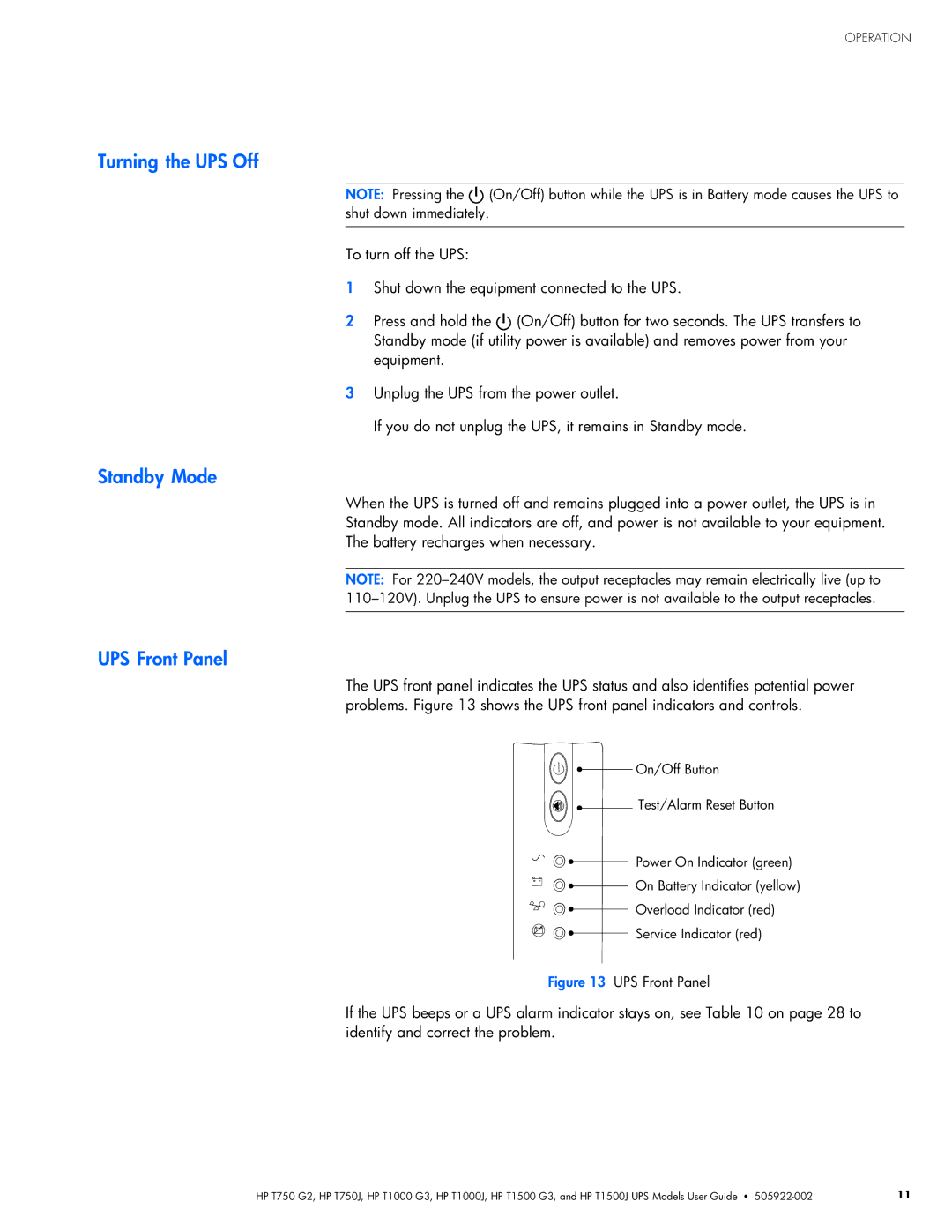 HP T1000 G3, T1000J, T1500 G3, T750J, T750 G2, T1500J manual UPS Off, Mode, Front Panel 