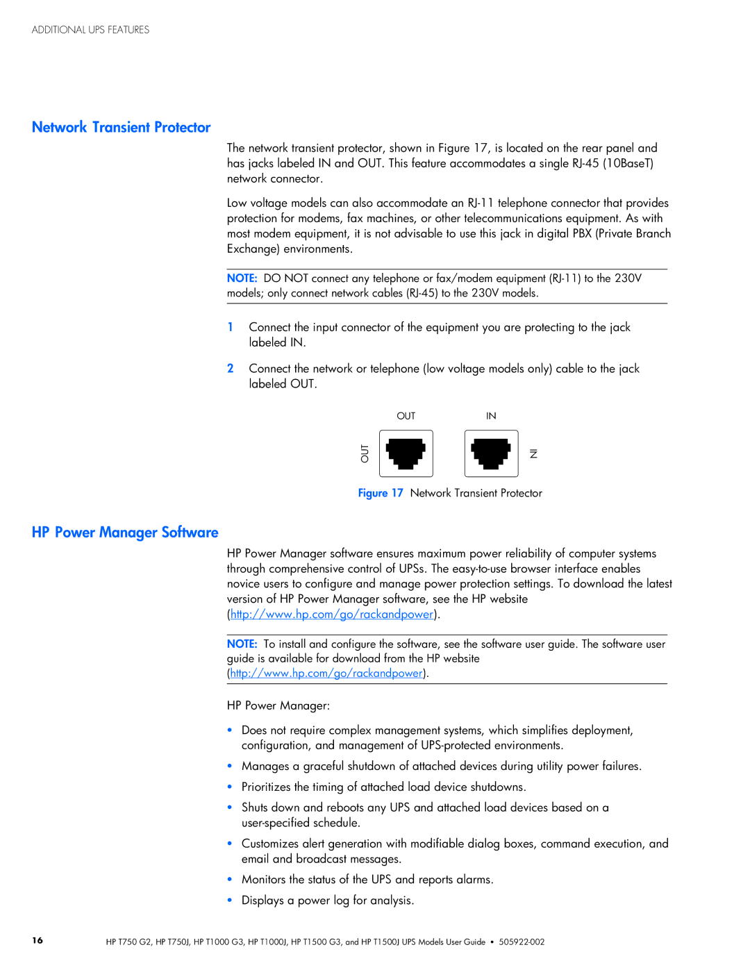 HP T1500J, T1000 G3, T1000J, T1500 G3, T750J, T750 G2 manual Transient Protector, Power Manager Software, HP Power Manager 