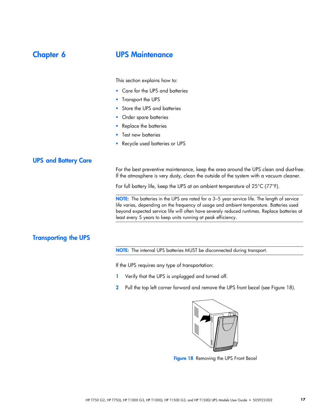 HP T1000 G3, T1000J, T1500 G3, T750J, T750 G2, T1500J manual UPS Maintenance, Battery Care 