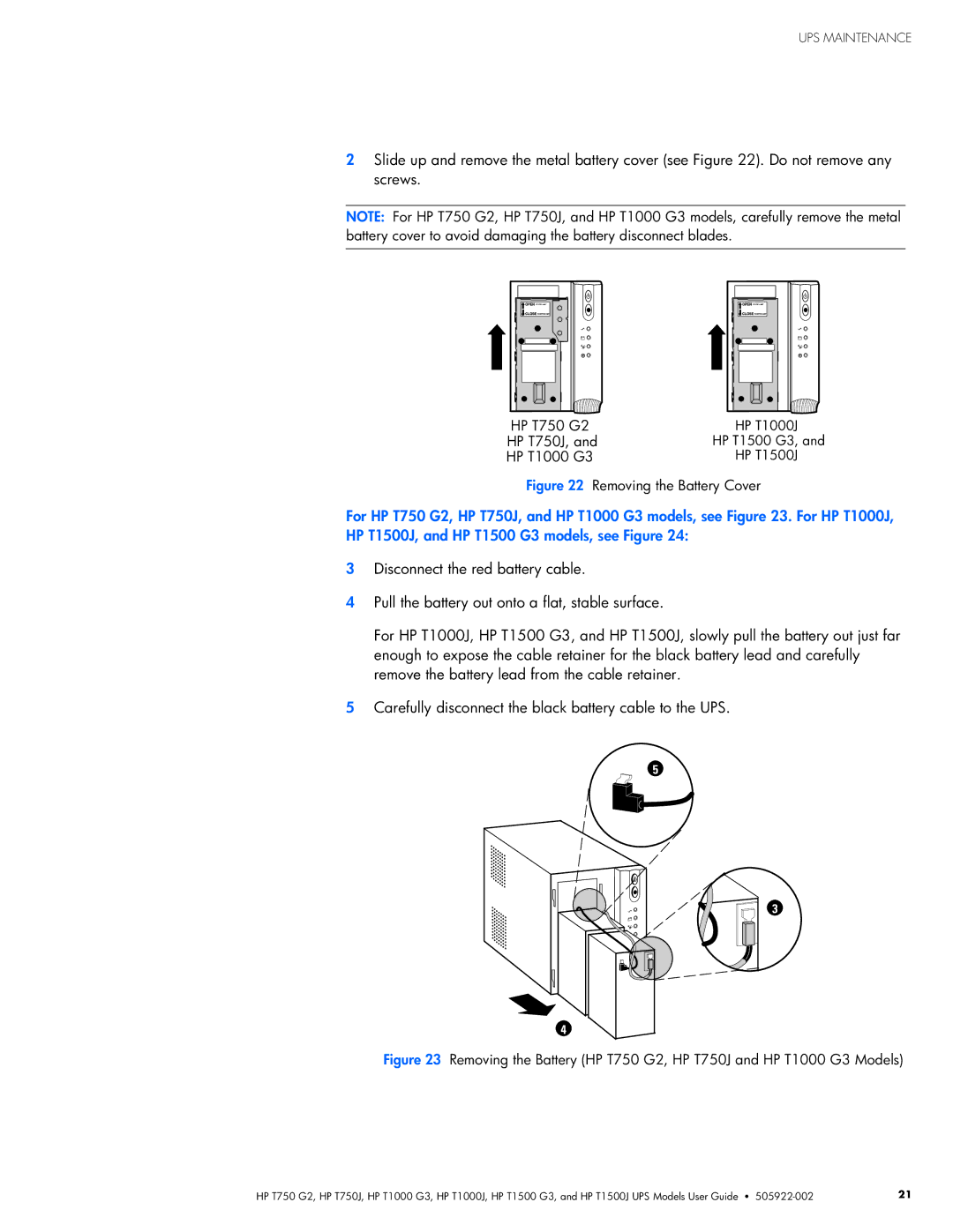 HP T750 G2, T1000 G3, T1000J, T1500 G3, T750J, T1500J manual Removing the Battery Cover 