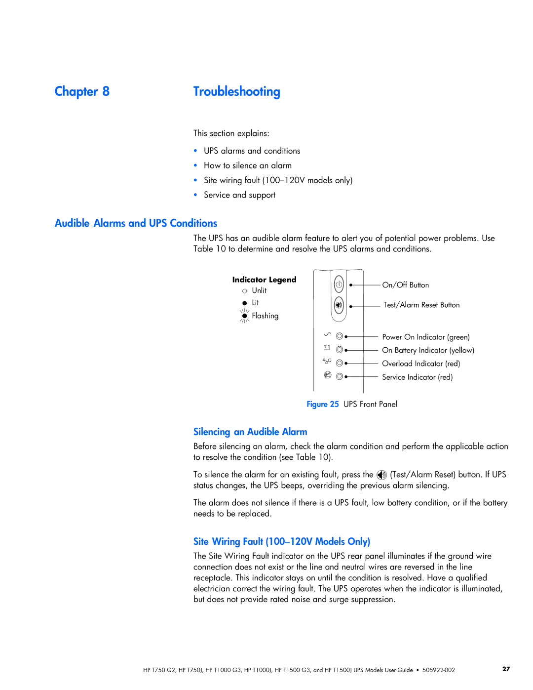 HP T750 G2, T1000 G3, T1000J, T1500 G3, T750J, T1500J manual 8Troubleshooting, Alarms and UPS Conditions 