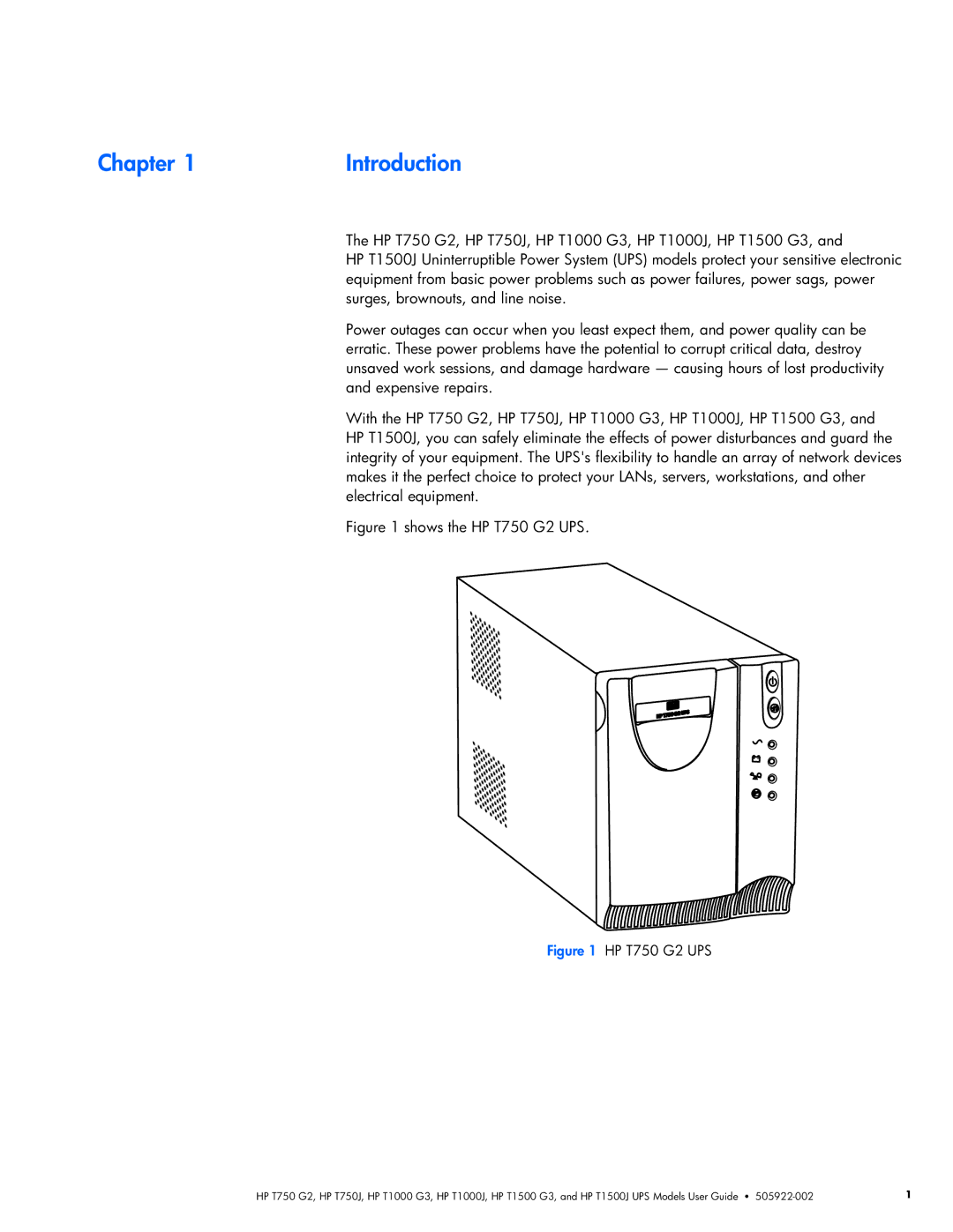 HP T1500 G3, T1000 G3, T1000J, T750J, T1500J manual 1Introduction, Shows the HP T750 G2 UPS 