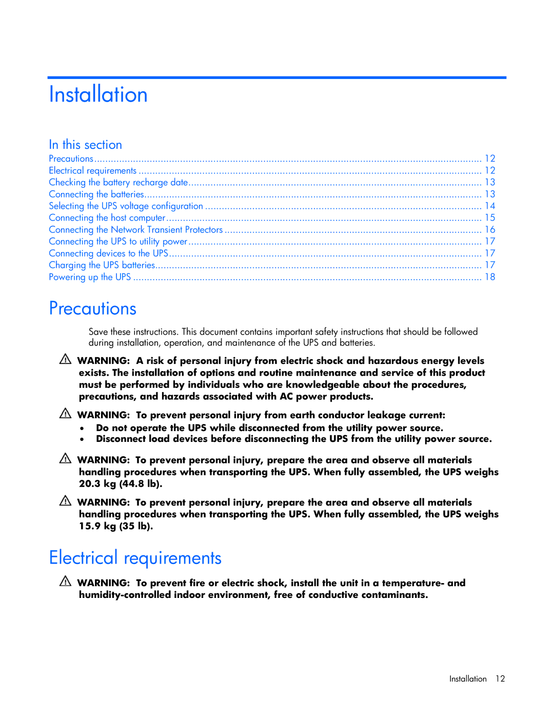 HP T1000 manual Installation, Precautions, Electrical requirements 