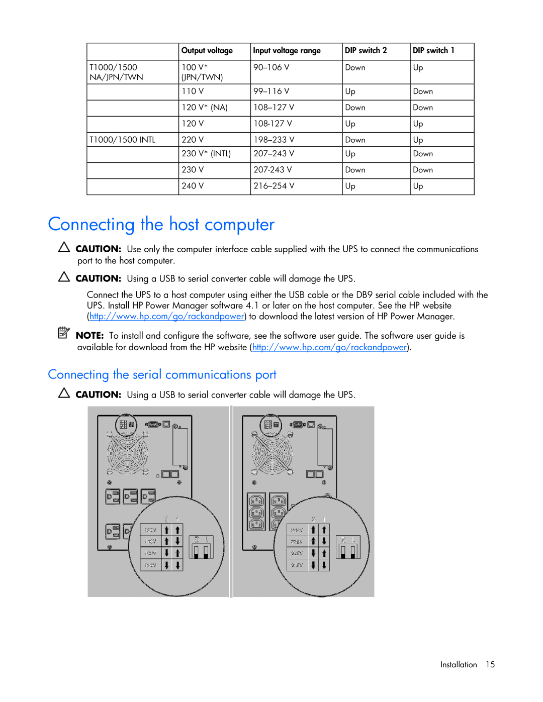 HP T1000 manual Connecting the host computer, Connecting the serial communications port 