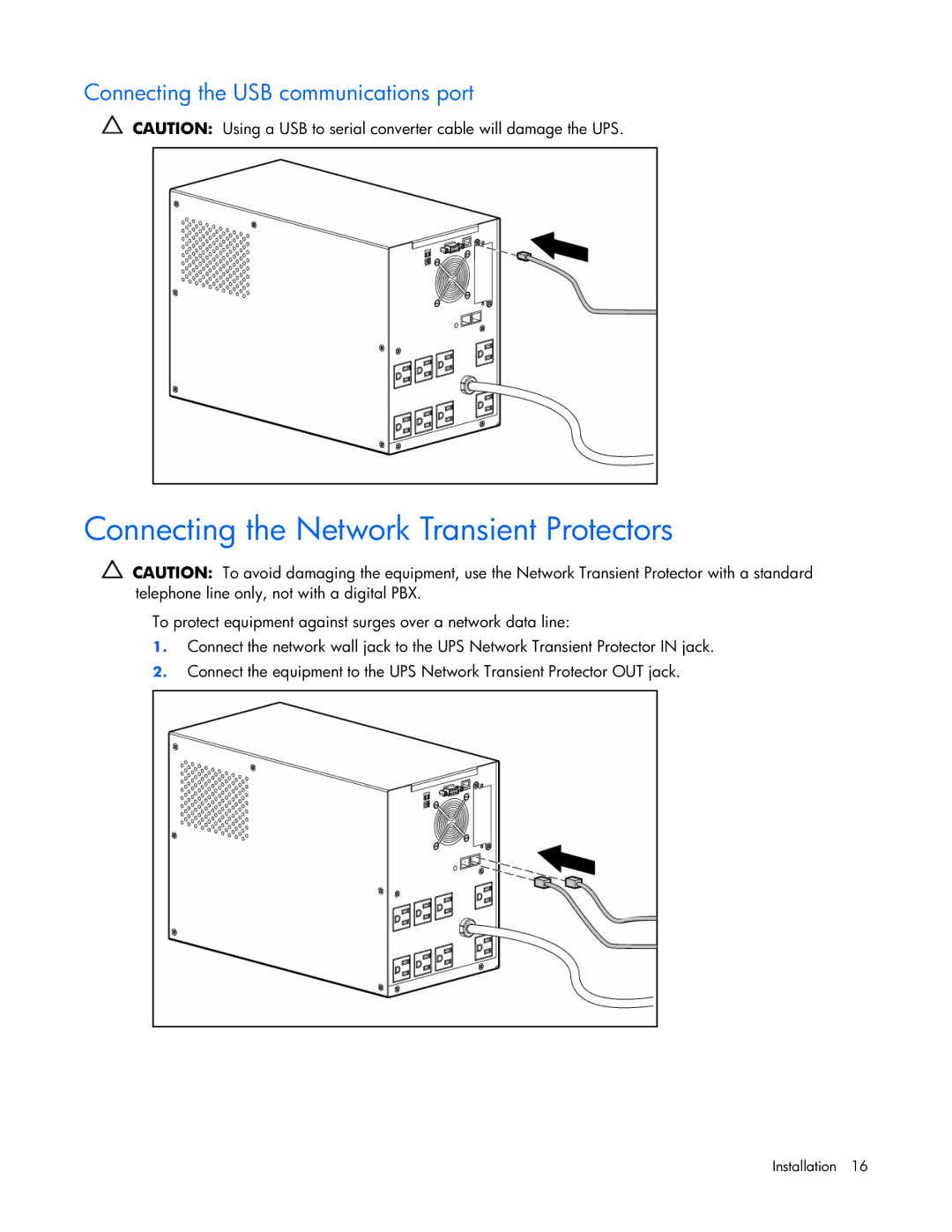 HP T1000 manual Connecting the Network Transient Protectors, Connecting the USB communications port 