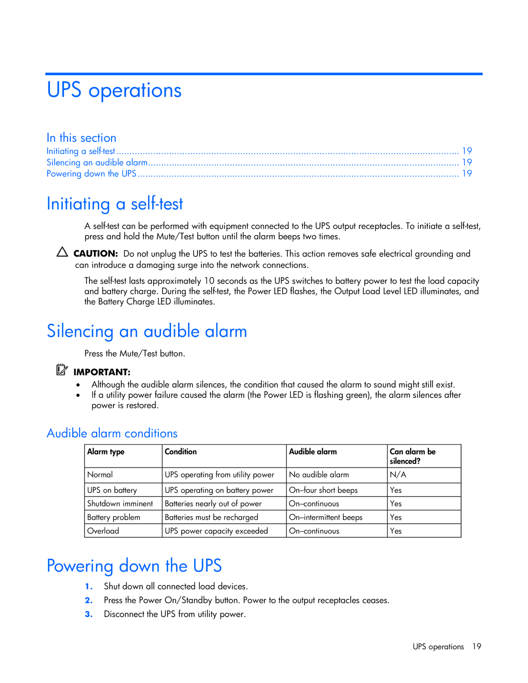 HP T1000 manual UPS operations, Initiating a self-test, Silencing an audible alarm, Powering down the UPS 