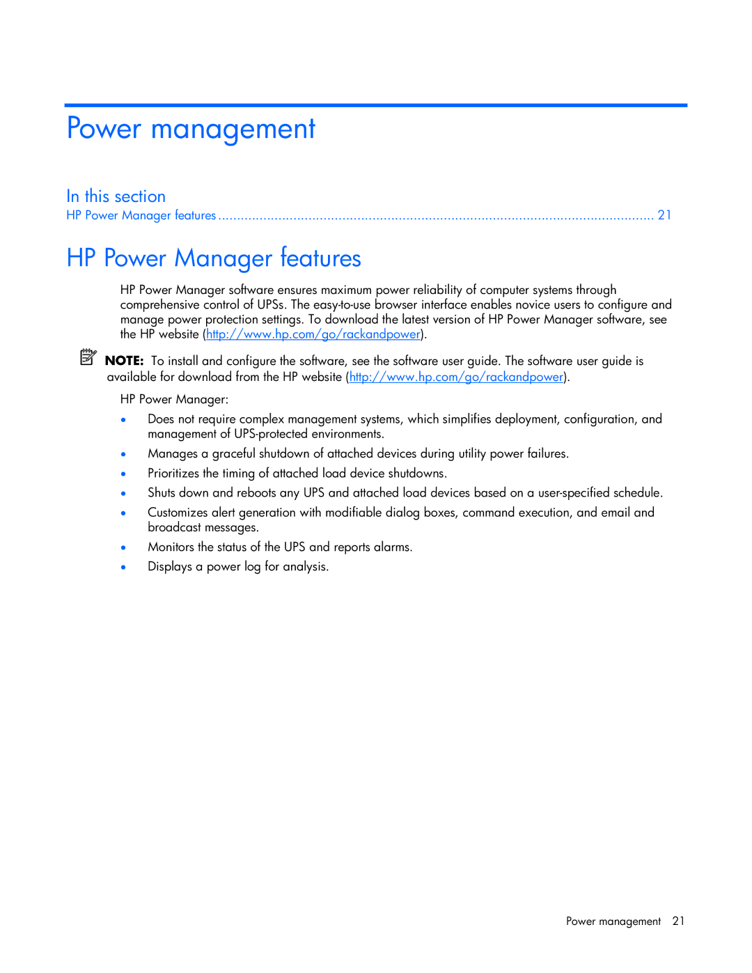 HP T1000 manual Power management, HP Power Manager features 