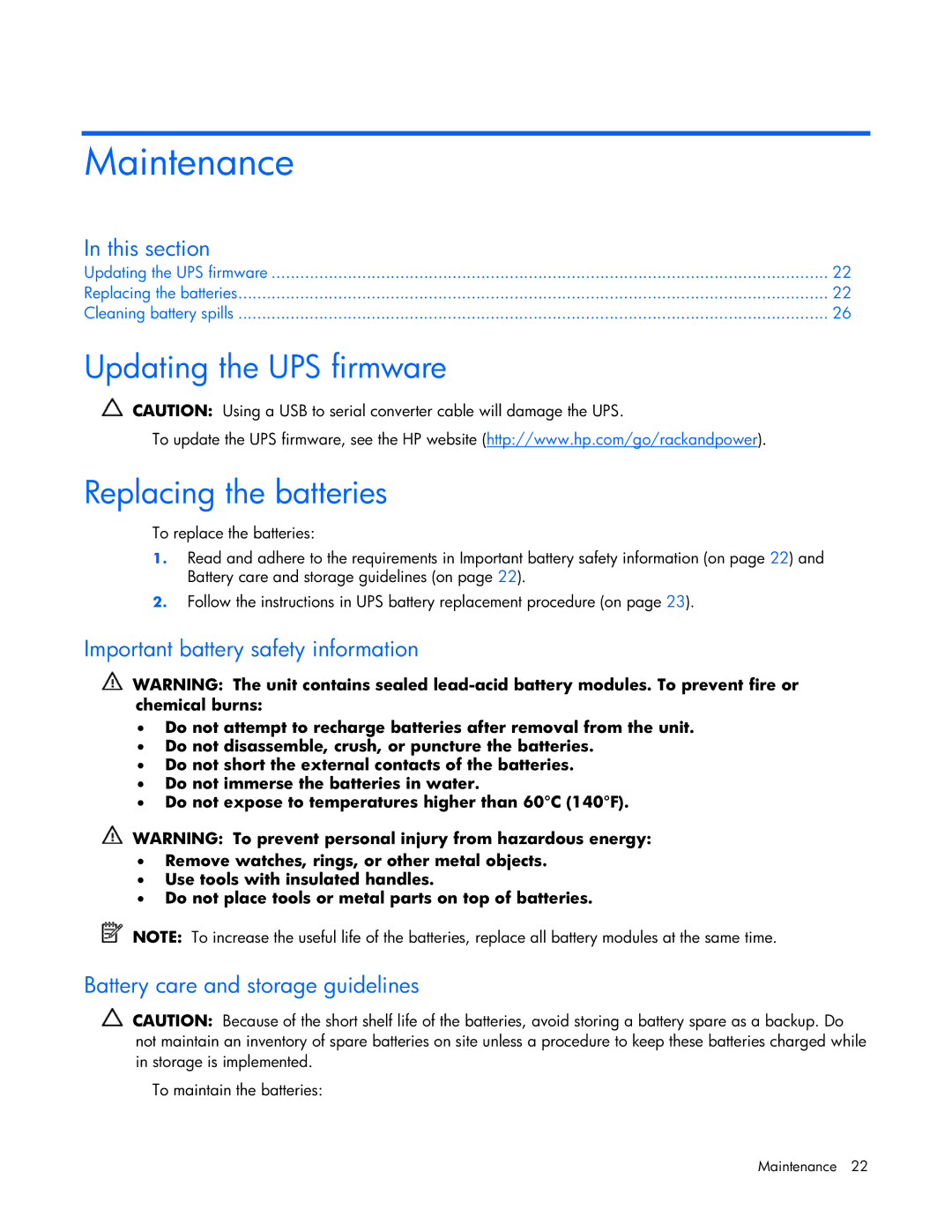 HP T1000 manual Maintenance, Updating the UPS firmware Replacing the batteries, Important battery safety information 