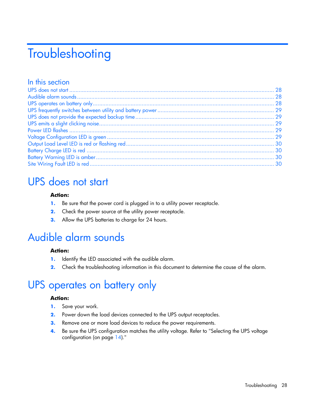 HP T1000 manual Troubleshooting, UPS does not start, Audible alarm sounds, UPS operates on battery only 