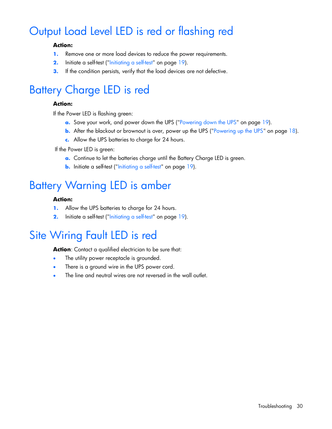 HP T1000 manual Output Load Level LED is red or flashing red, Battery Charge LED is red, Battery Warning LED is amber 