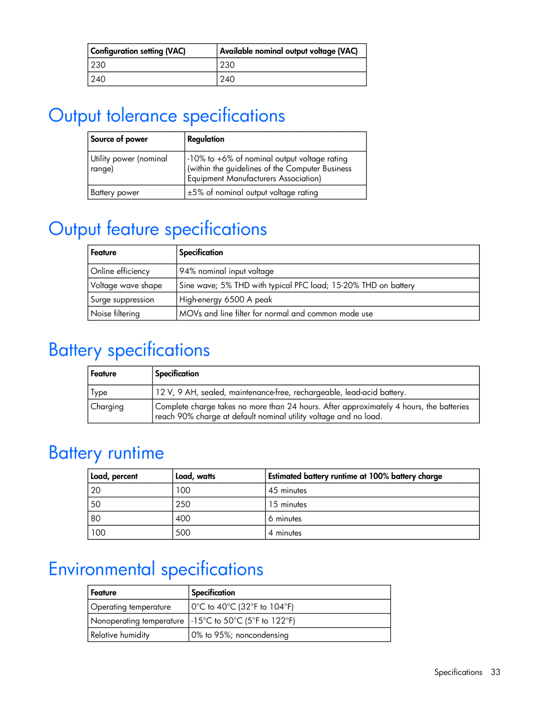 HP T1000 manual Output tolerance specifications, Output feature specifications, Battery specifications, Battery runtime 