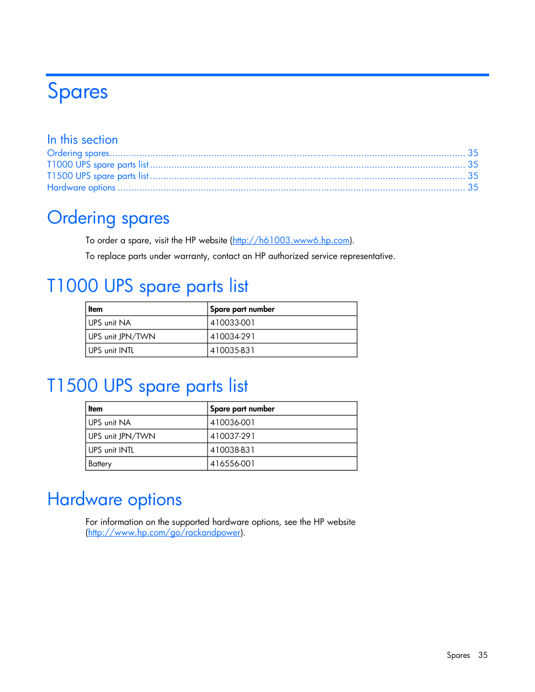 HP manual Spares, Ordering spares, T1000 UPS spare parts list, T1500 UPS spare parts list, Hardware options 