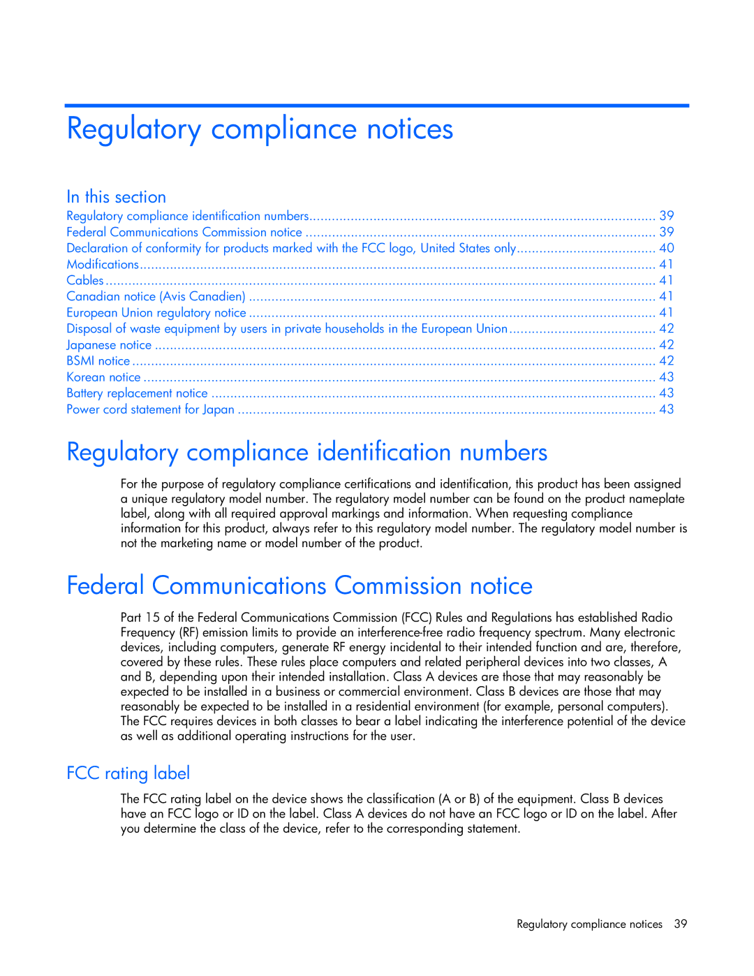 HP T1000 manual Regulatory compliance notices, Regulatory compliance identification numbers, FCC rating label 