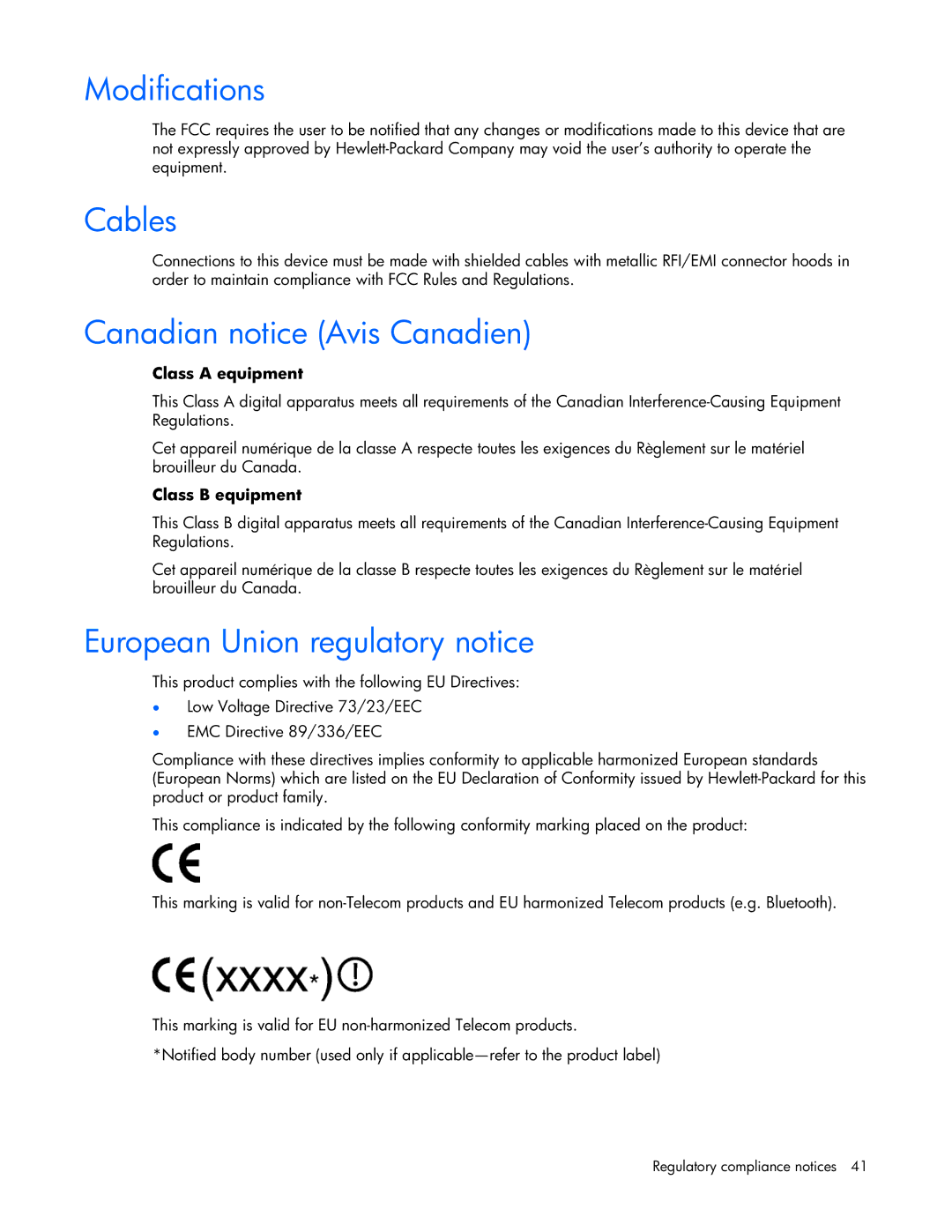 HP T1000 manual Modifications, Cables, Canadian notice Avis Canadien, European Union regulatory notice 