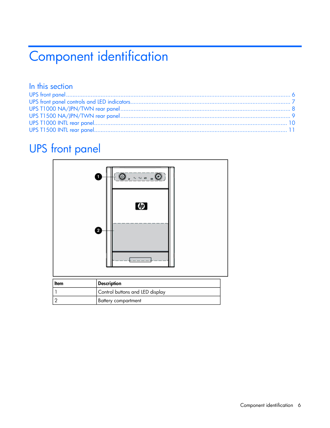 HP T1000 manual Component identification, UPS front panel, This section 