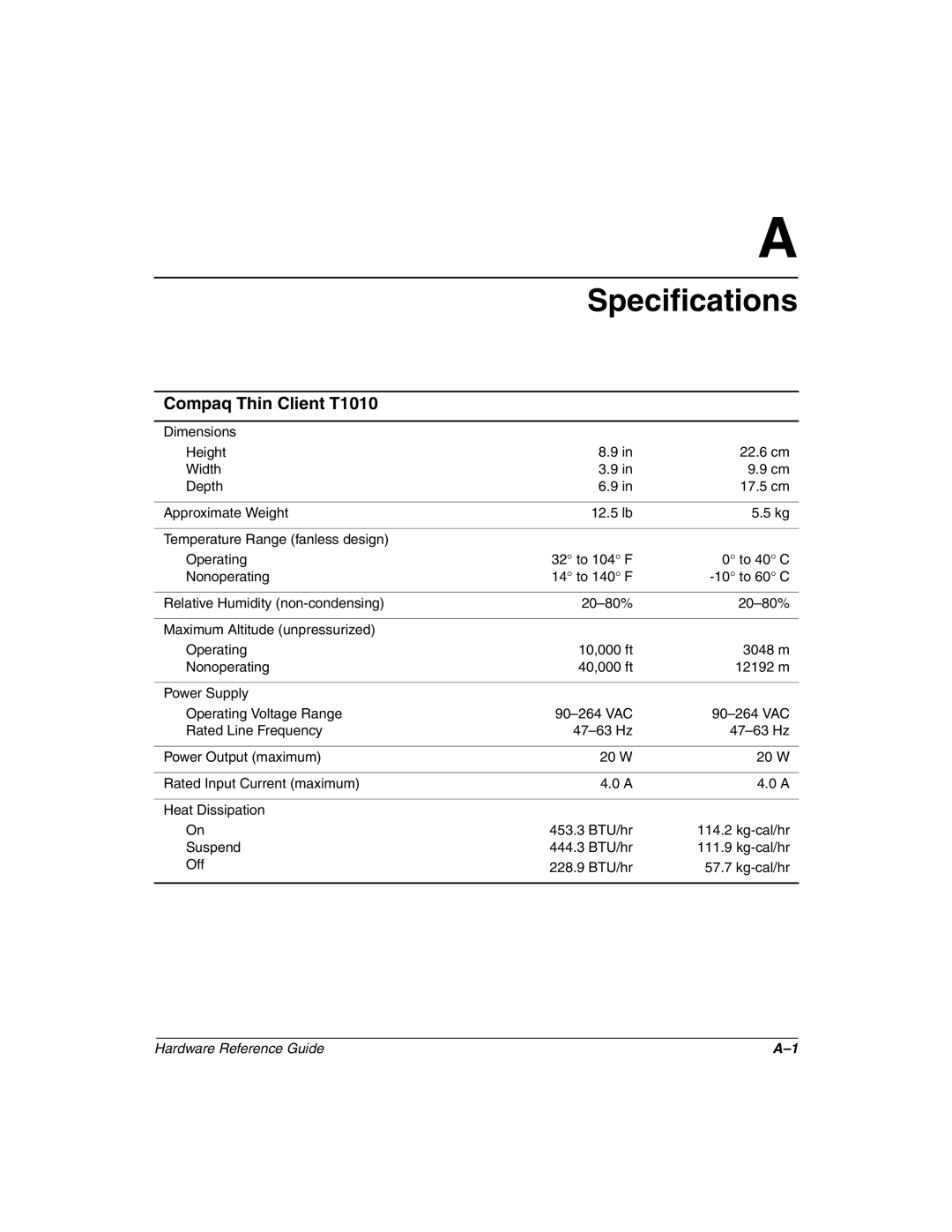 HP t1010 manual Specifications, Compaq Thin Client T1010 