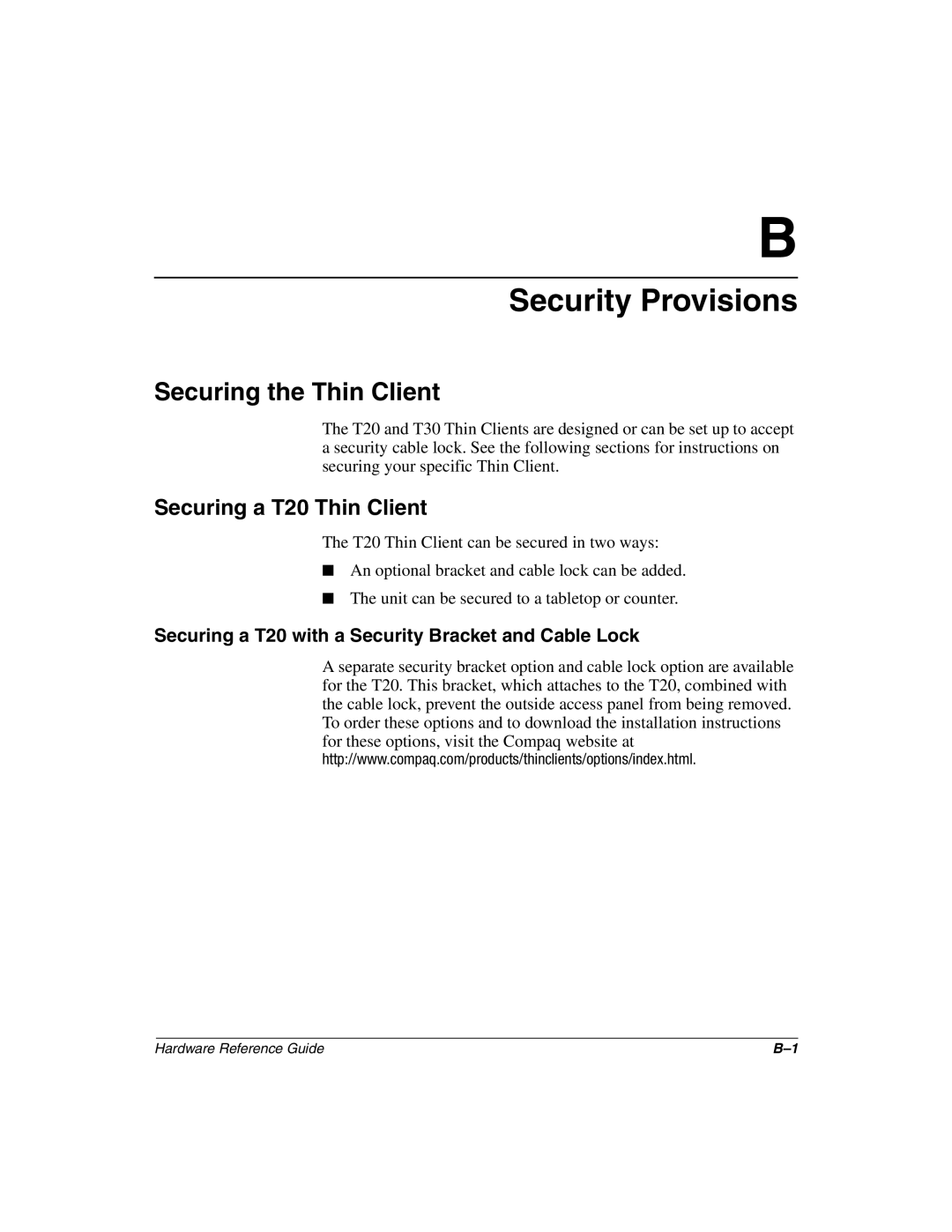 HP t1010 manual Security Provisions, Securing the Thin Client, Securing a T20 Thin Client 