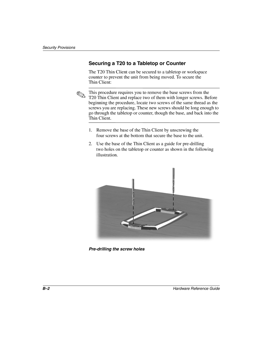 HP t1010 manual Securing a T20 to a Tabletop or Counter 