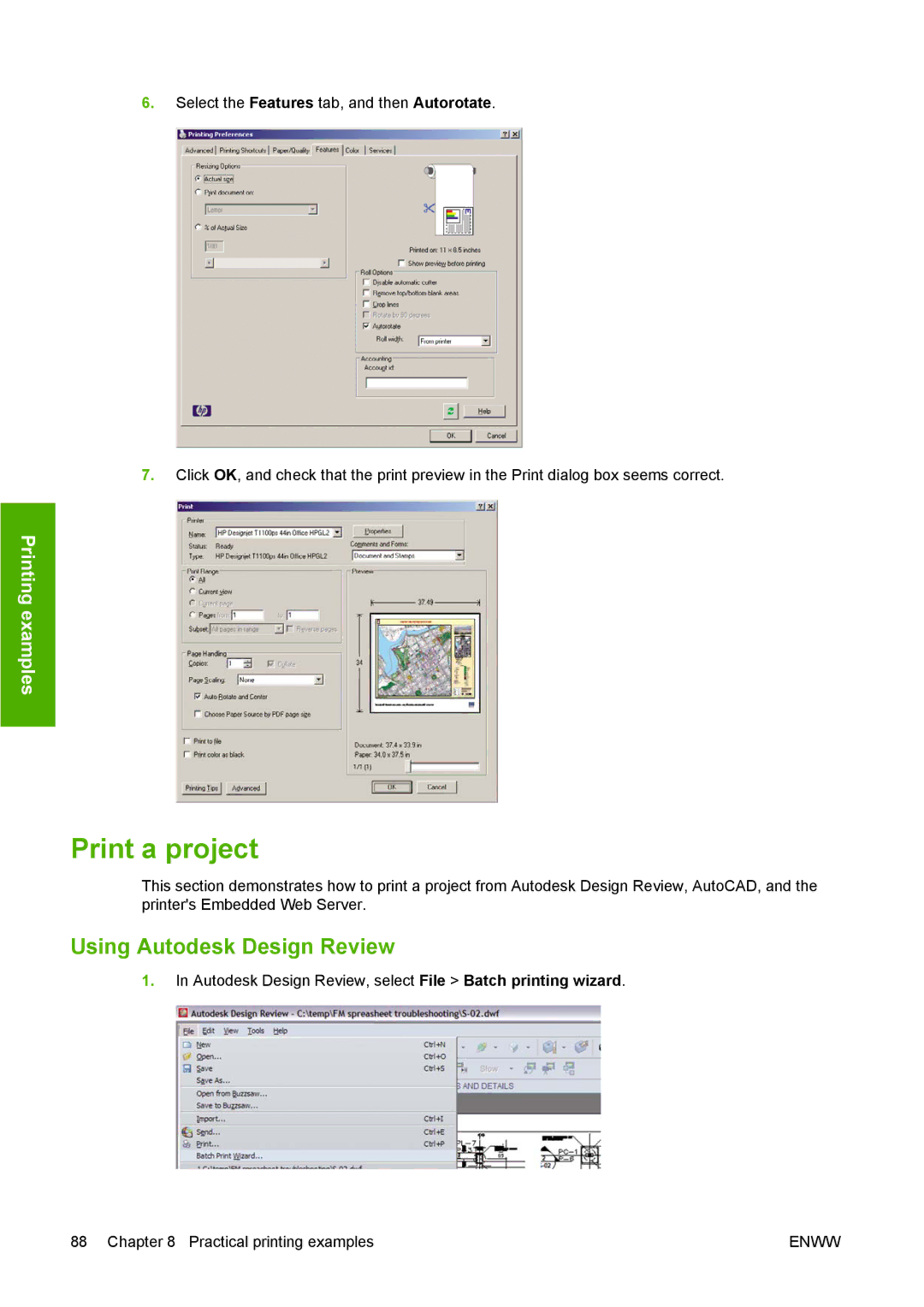 HP T1100 manual Print a project, Using Autodesk Design Review 