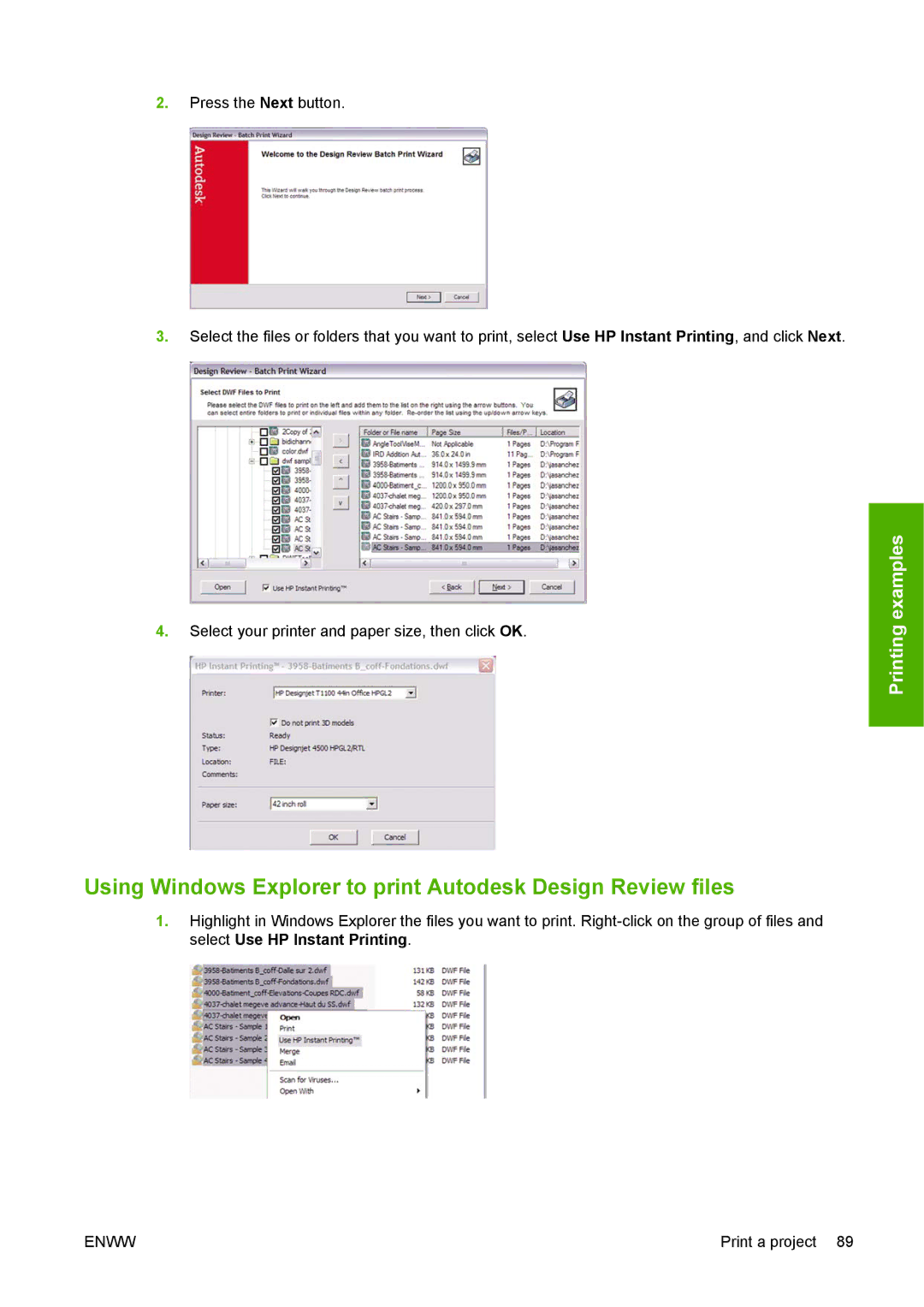 HP T1100 manual Using Windows Explorer to print Autodesk Design Review files 