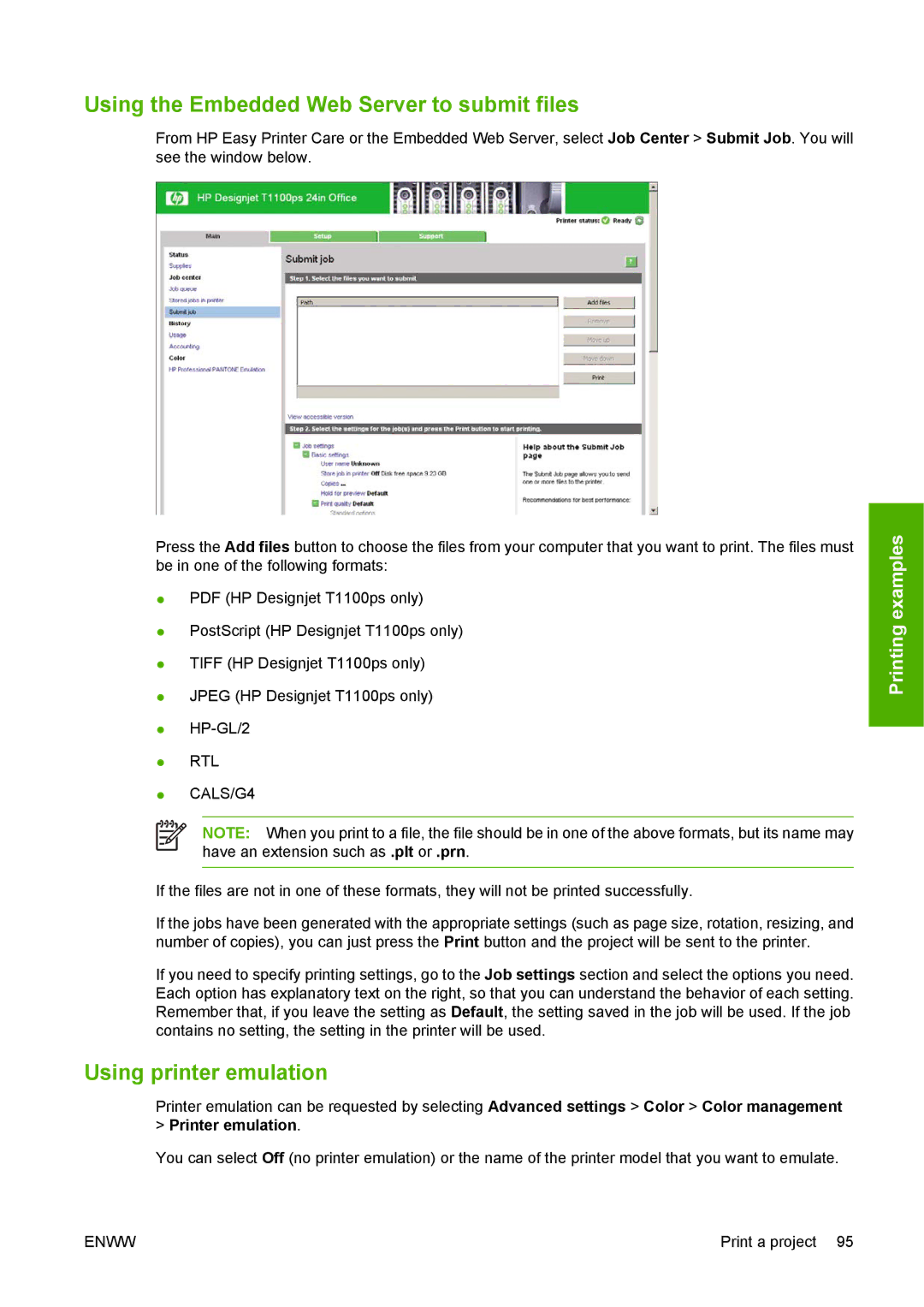 HP T1100 manual Using the Embedded Web Server to submit files, Using printer emulation 