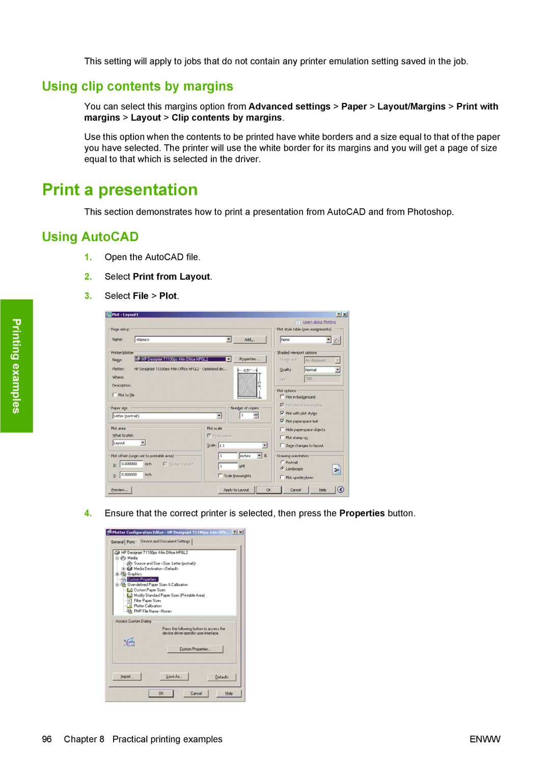 HP T1100 manual Print a presentation, Using clip contents by margins 