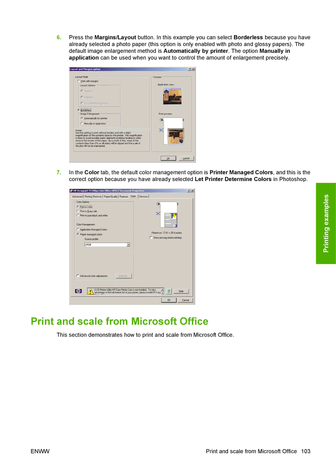 HP T1100 manual Print and scale from Microsoft Office 